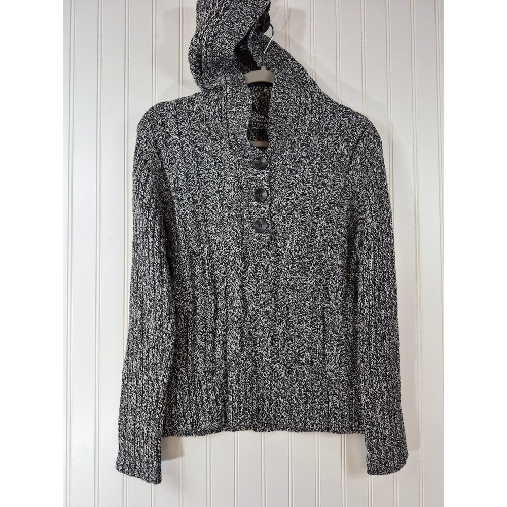 Style & Co XL Petite Black White Marled Cable Knit Hooded Sweater Button Neck